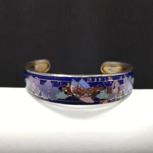 Vintage Blue Cloisonné Butterfly Floral Cuff Bracelet Enamel Copper 5 1/4"